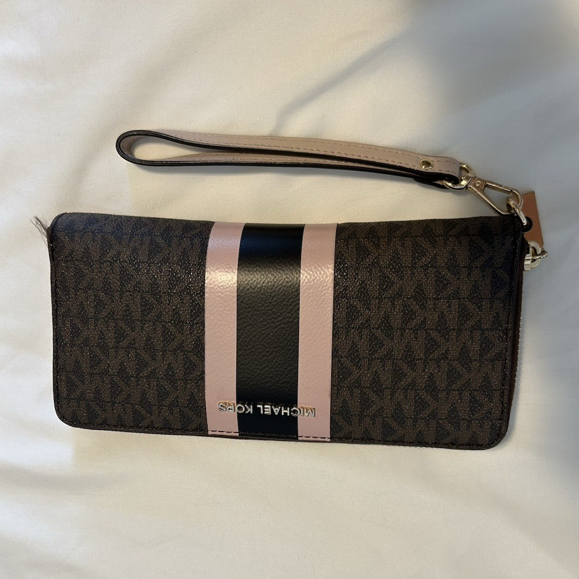 Michael Kors Logo Zip-Around Wristlet Wallet Organizer, Brown/Black/Pink