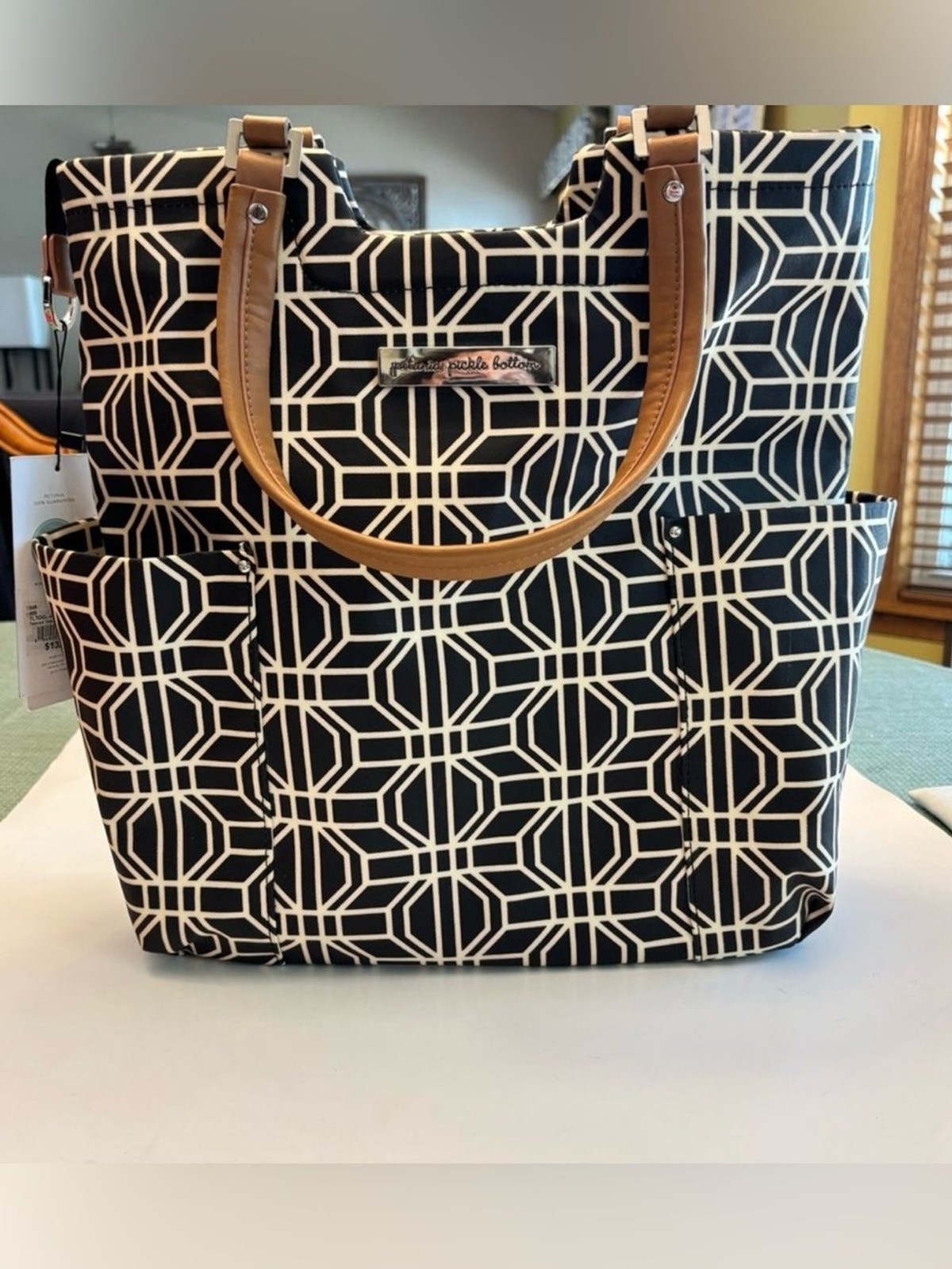 Petunia Pickle Bottom Black and White Geometric Tote with Brown Handles