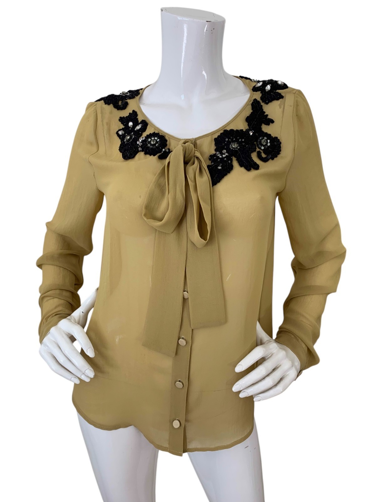Robert Rodriguez Blouse Embellished Beaded Chiffon Tie Neck Top Size Small