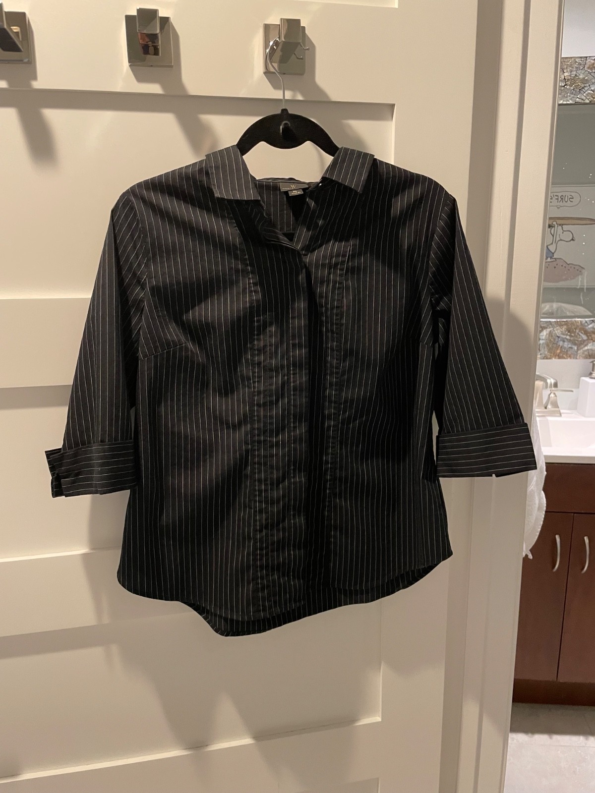 Worthington Petite Large PL Black and White Striped Blouse Top Shirt Career Work