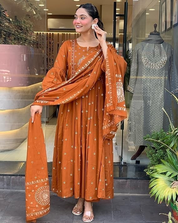 Women Rayon Printed Anarkali Kurta Set with Dupatta