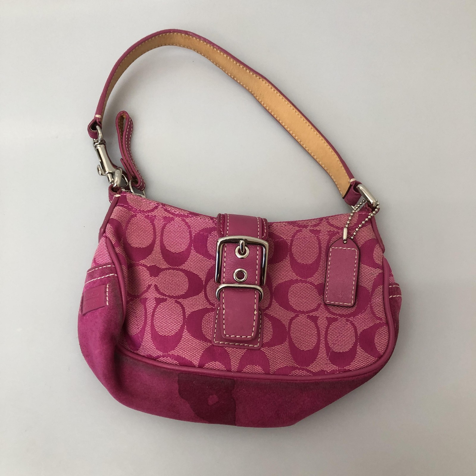 Coach Signature Avary Shoulder Bag Womens Small Pink Jacquard Suede Buckle Y2K