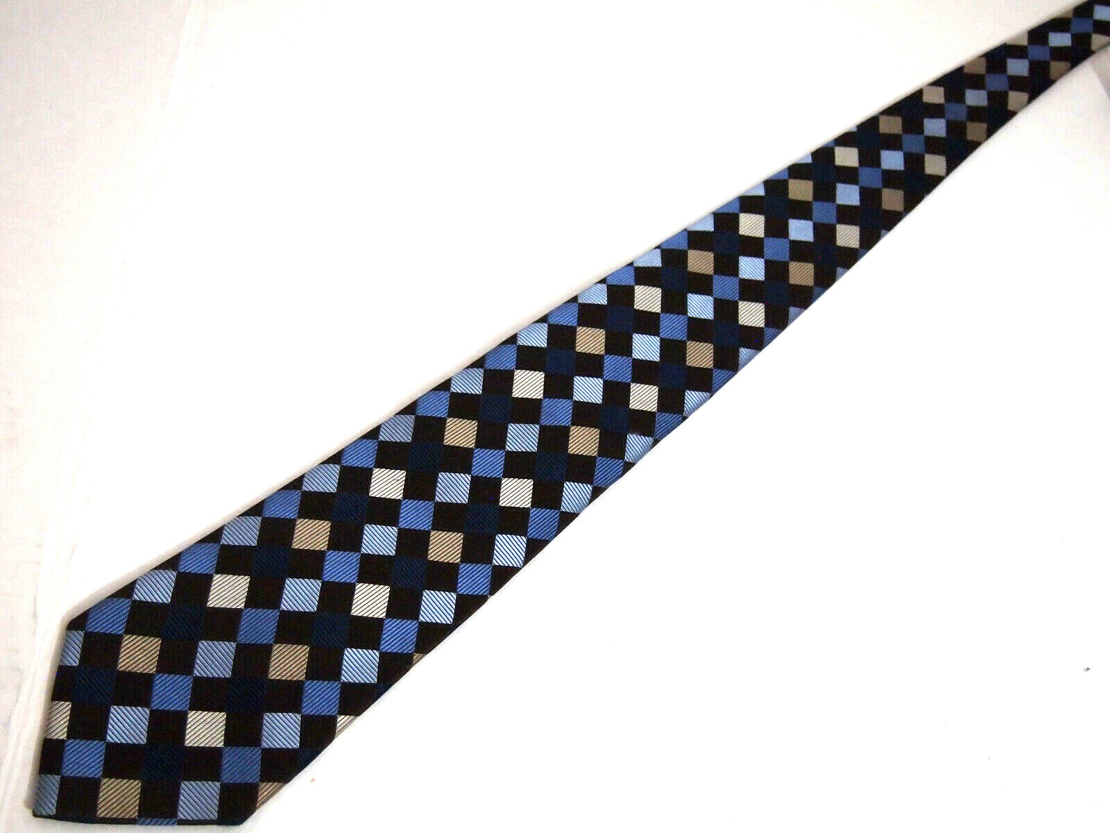 Alfani Mens Necktie Tie Black Blue Beige Checkered 100% Silk 61″ Long