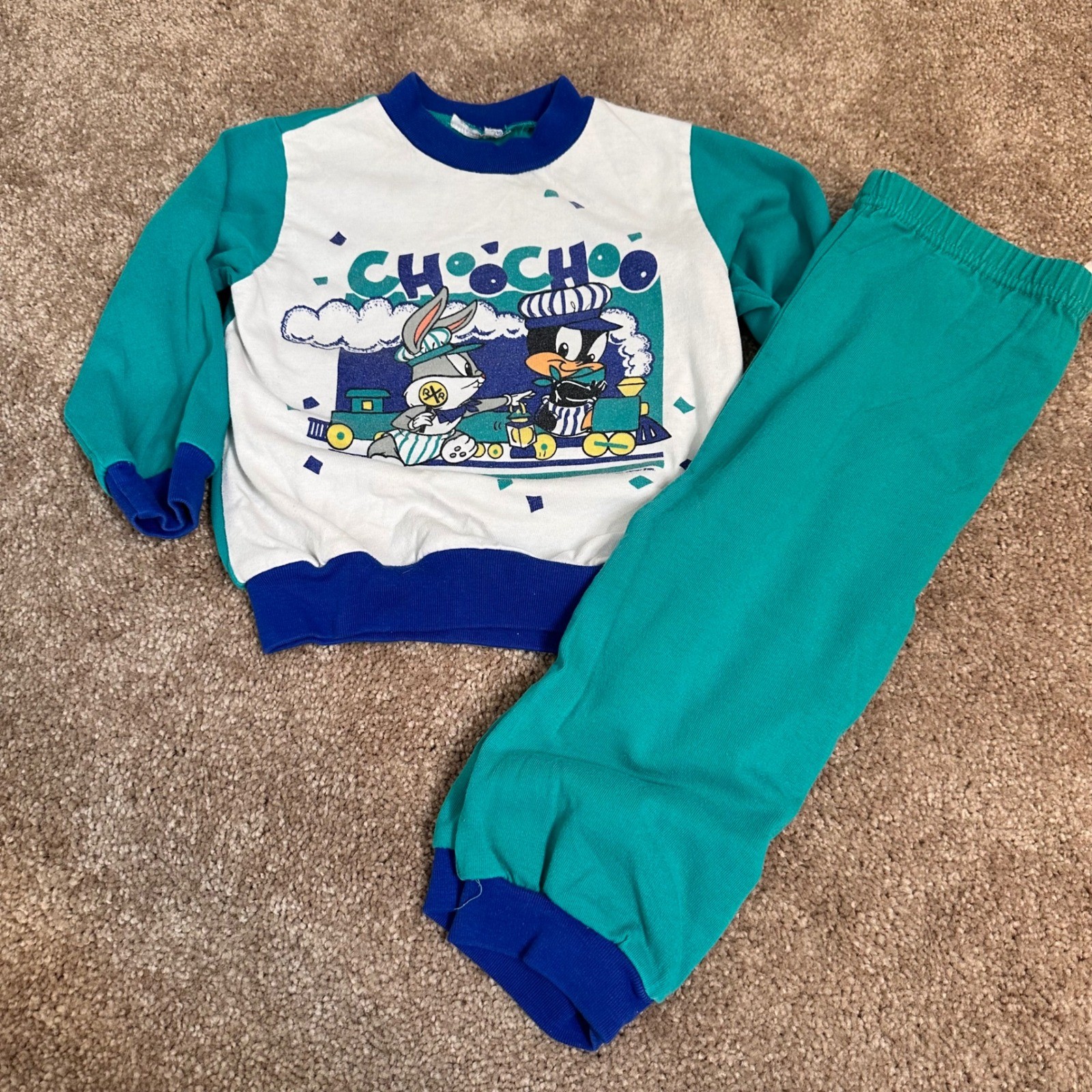 Vintage 1997 Baby Looney Tunes Bugs Bunny Daffy Duck Choo Choo Sweat Suit Teal
