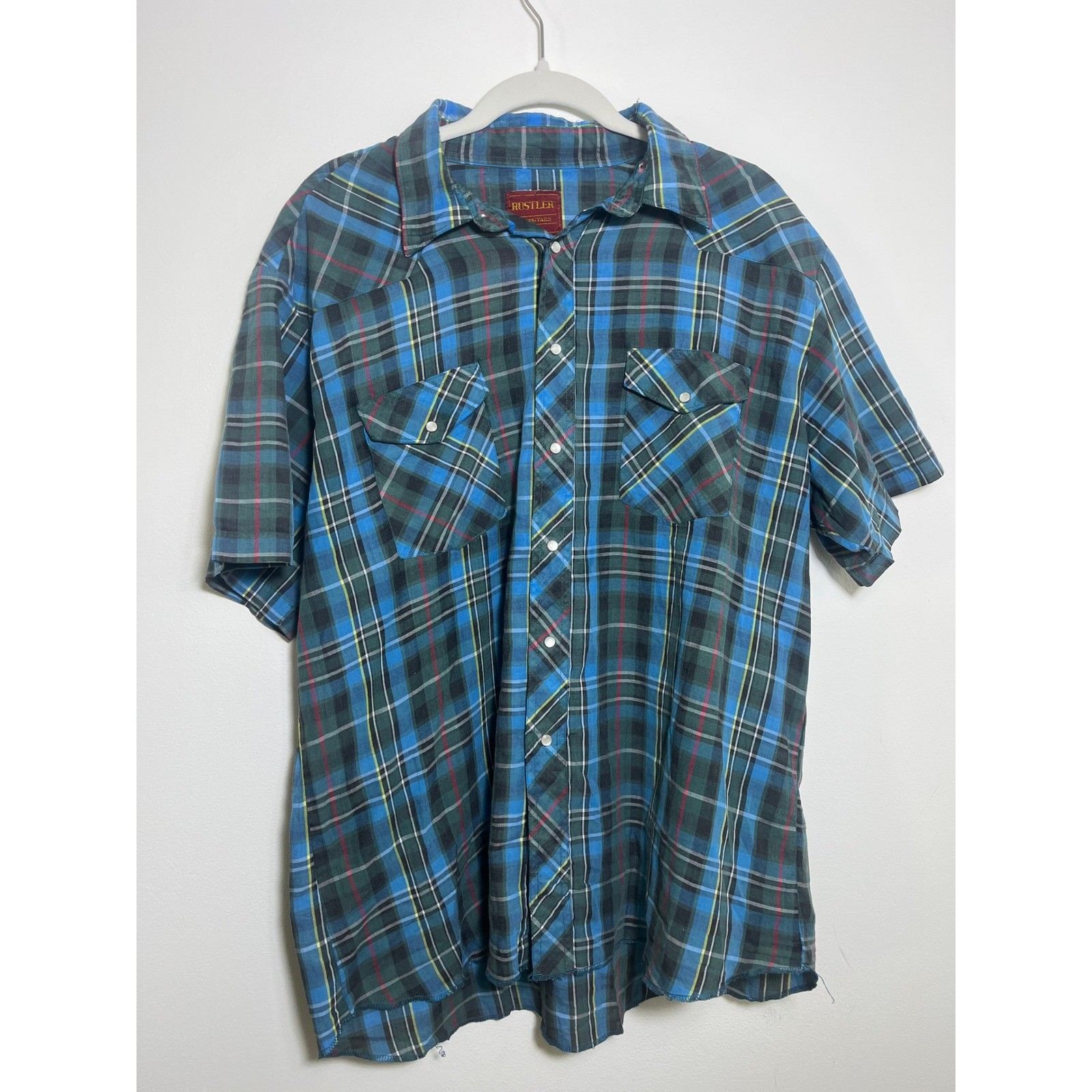 Rustler Mens Blue Green Plaid Short Sleeve Pearl Snap Western Yoke Shirt