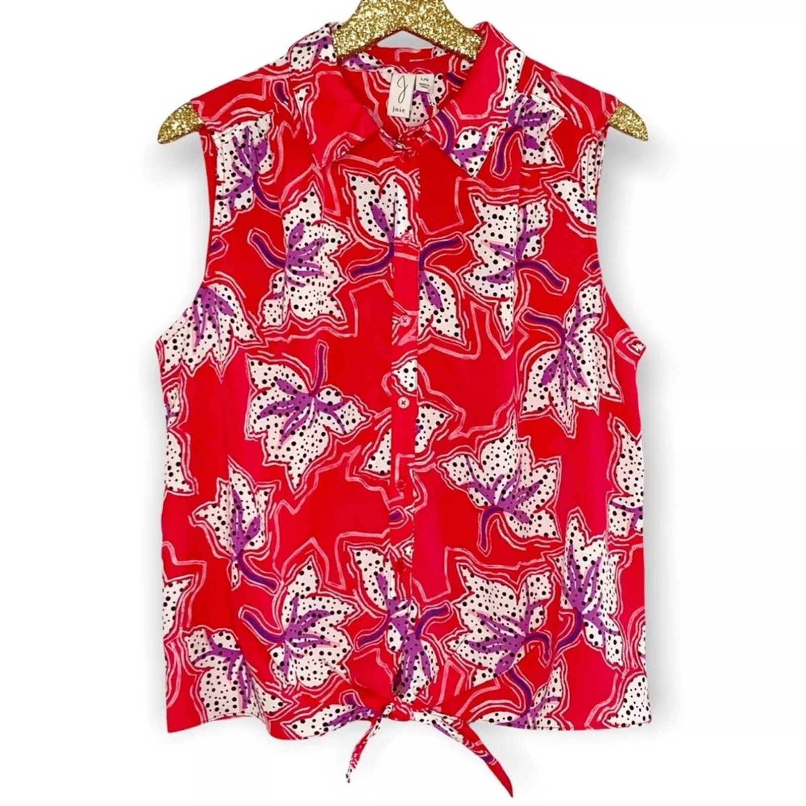 Joie Womens XS Red Sleeveless Floral Top Tie Front Cherry Girl Bright Fun Summer