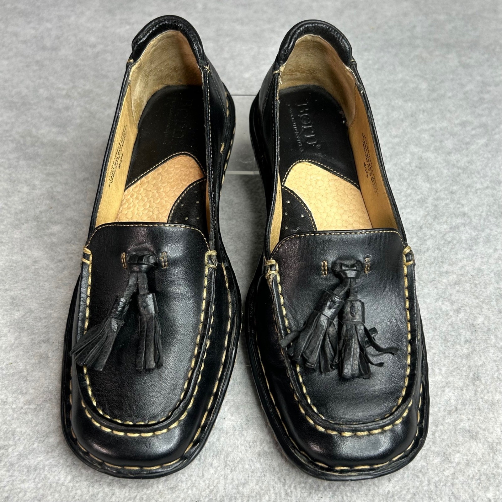 Born Black Leather Loafers Tassel Accent Stitching Comfort Slip On Shoes Women 7