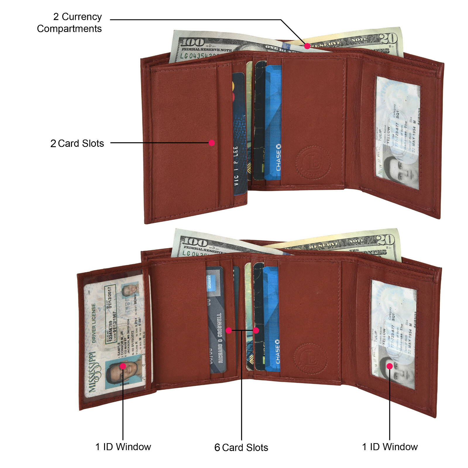 Leatherboss Mens Trifold 4 Fold Leather 2 money pockets, 2 Id slots,1 gift bag