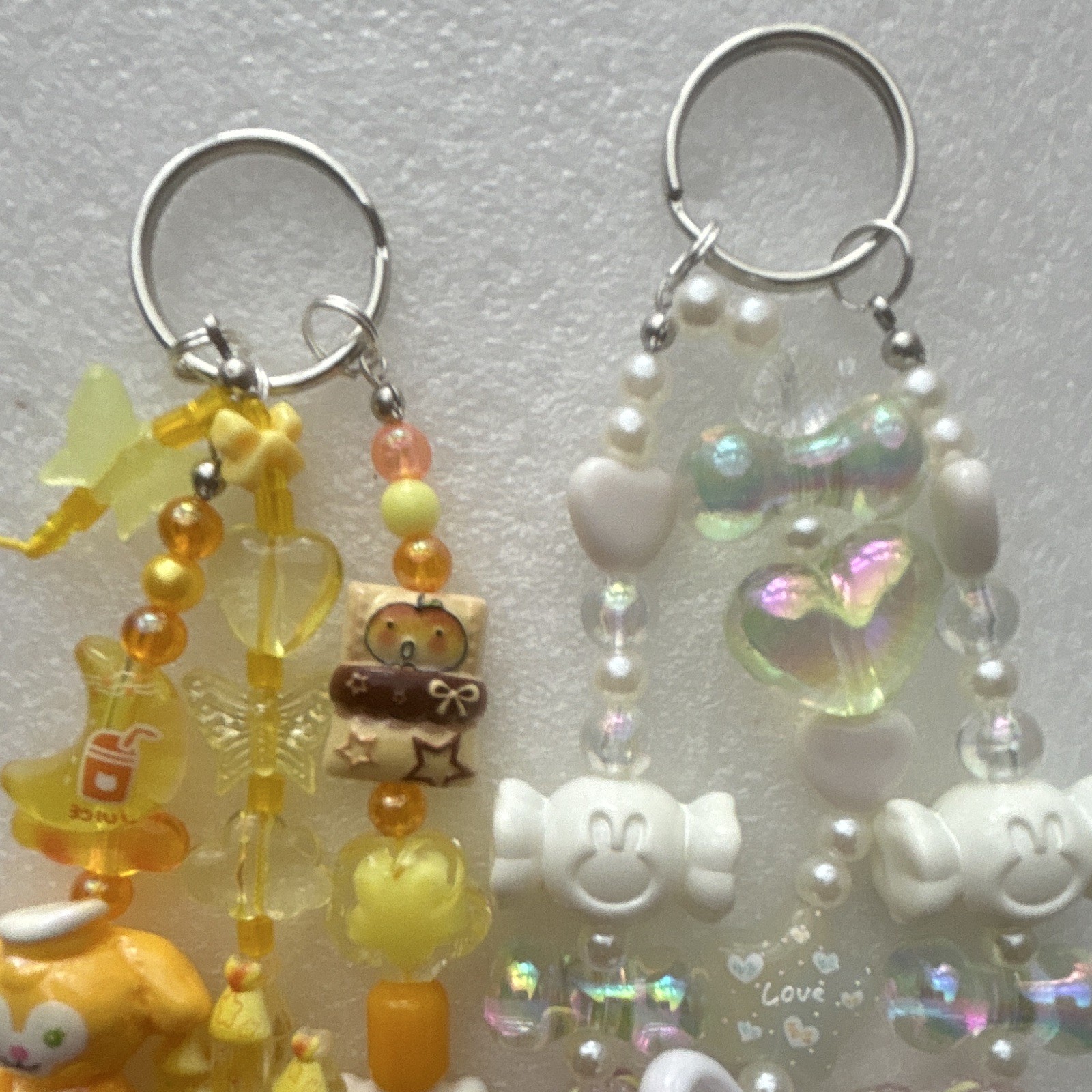 2 Kawaii Bunny Beaded Key Chain Keyring for Women, Yellow White Iridescent
