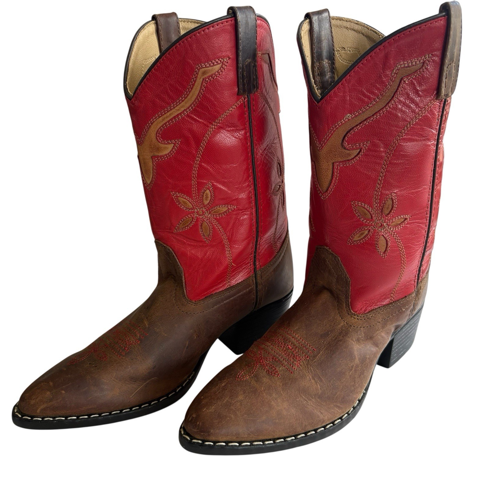 Cowboy Boots Girls Youth Size 5.5 D Smoky Mtn 3230Y Brown & Red Leather Western