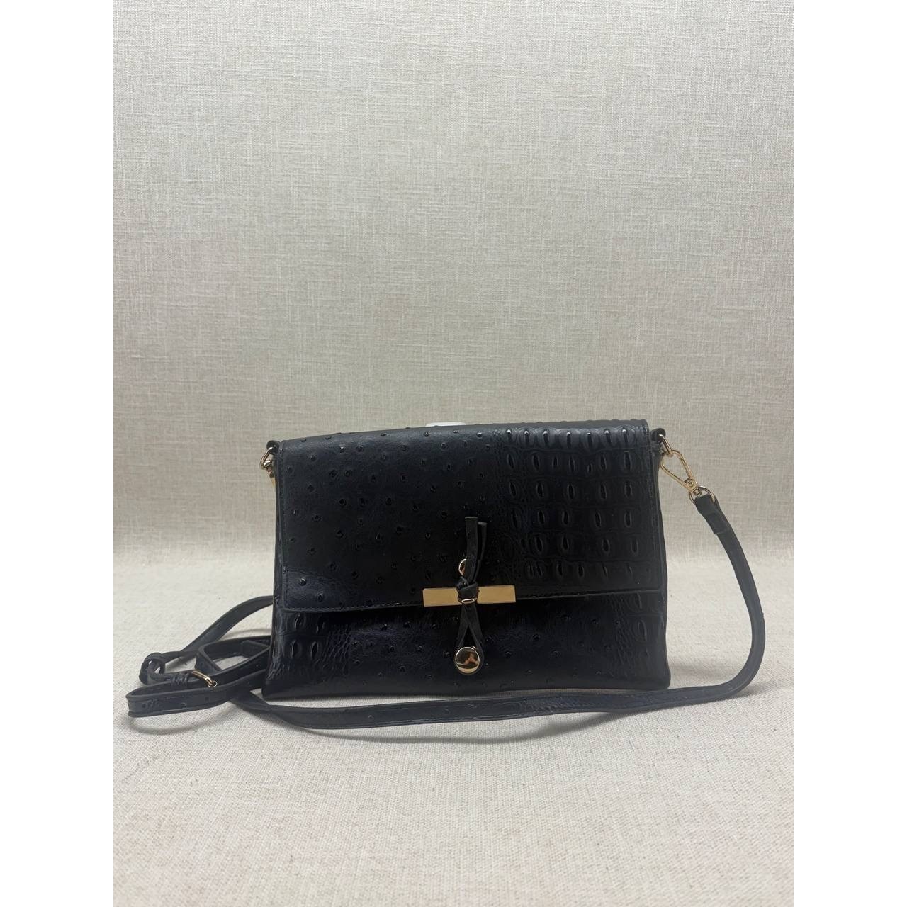 Black Faux Ostrich Crocodile Embossed Crossbody Bag Gold Hardware Clutch