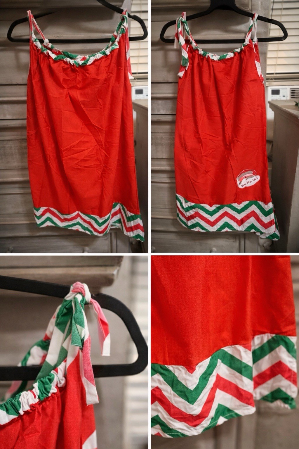 Christmas Red Bib Apron Green/White Chevron Trim Polyester 10-12T Hand Wash