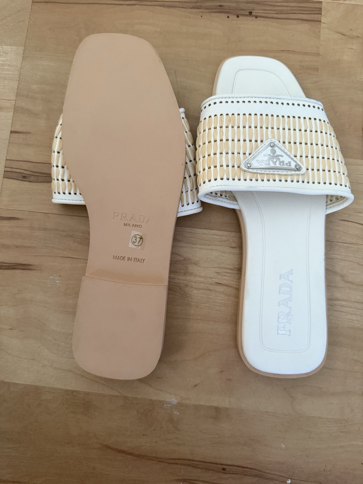 PRADA Women’s White Beige Logo Leather Slip-On Slide Sandals US 7 EU 37