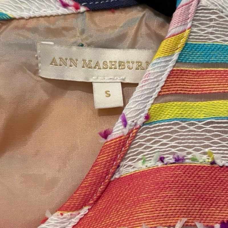 Ann Mashburn White Pink Multi Color Striped Poplin Puff Blouse Top Size Small