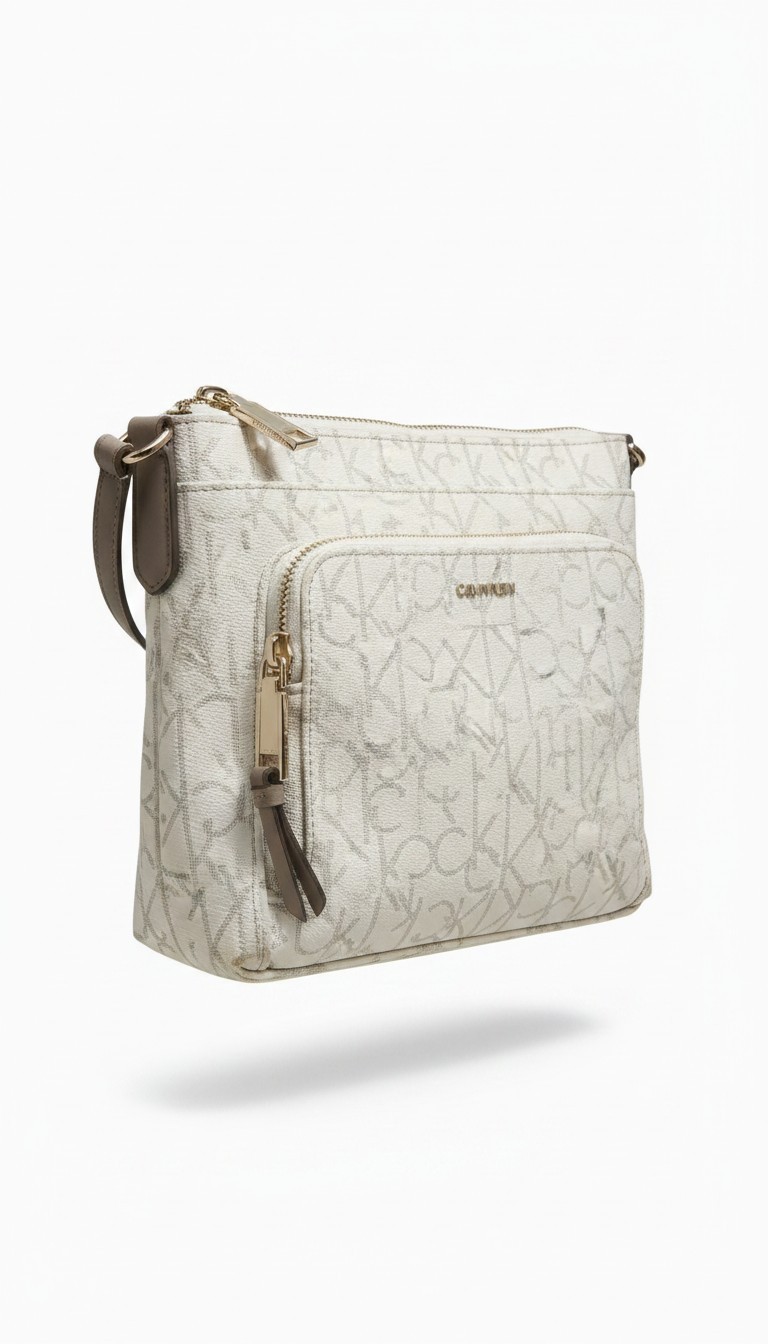 Calvin Klein Monogram Logo Zip Top Womens Swing Bag, Almond Caramel 2021