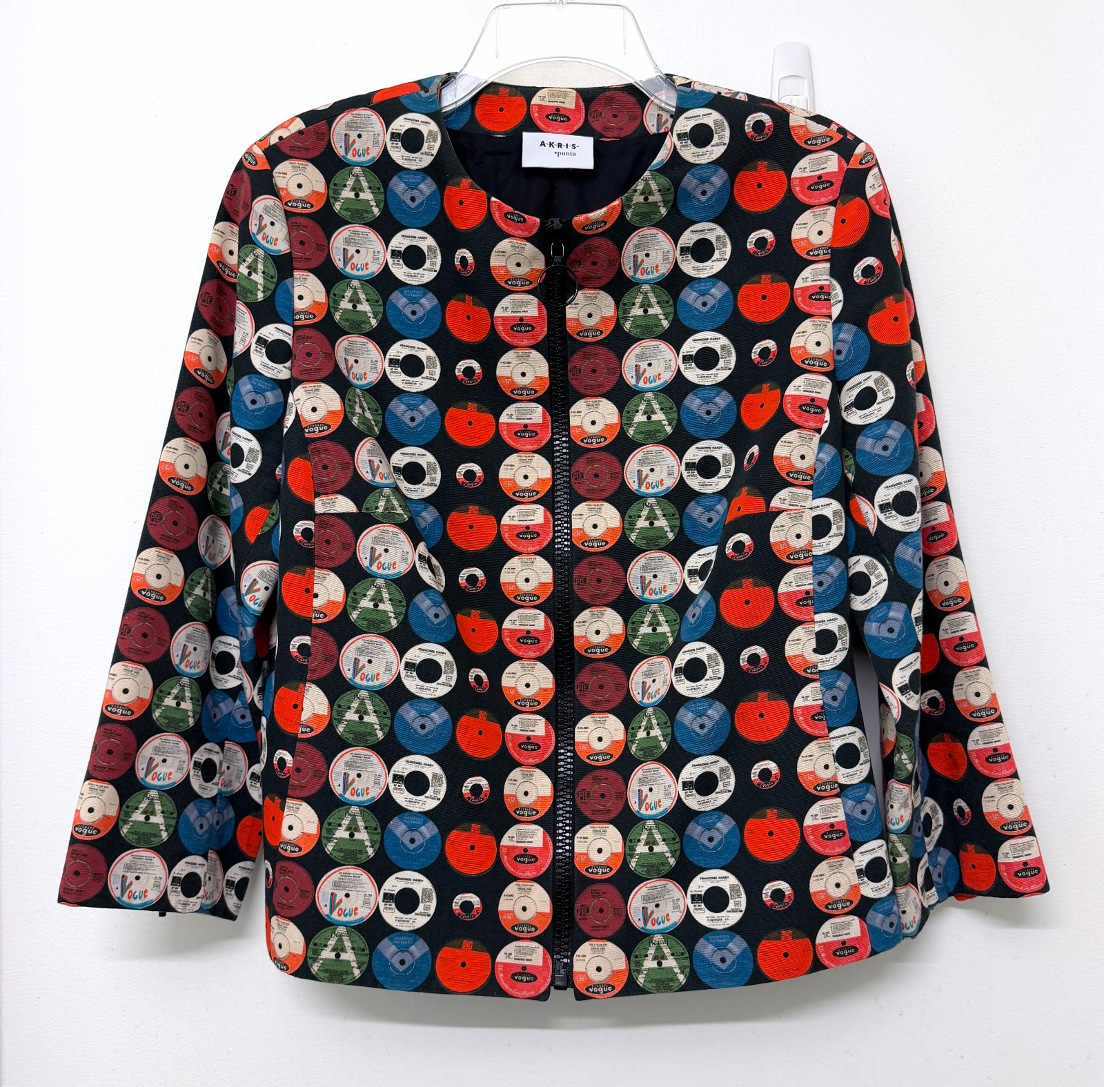 Akris Punto Record Print Jacket Top Dots Circles Vinyl CDs Colorful Full Zip 14