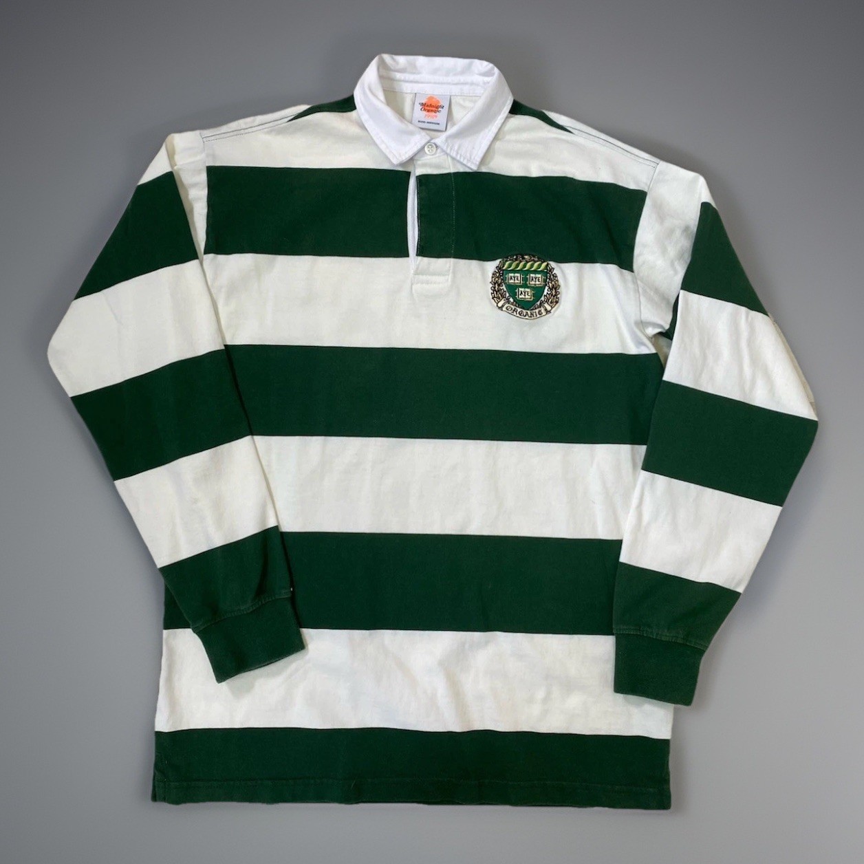 Midnight Organic 1991 Embroidered Rugby Shirt Green White Stripes Sz M