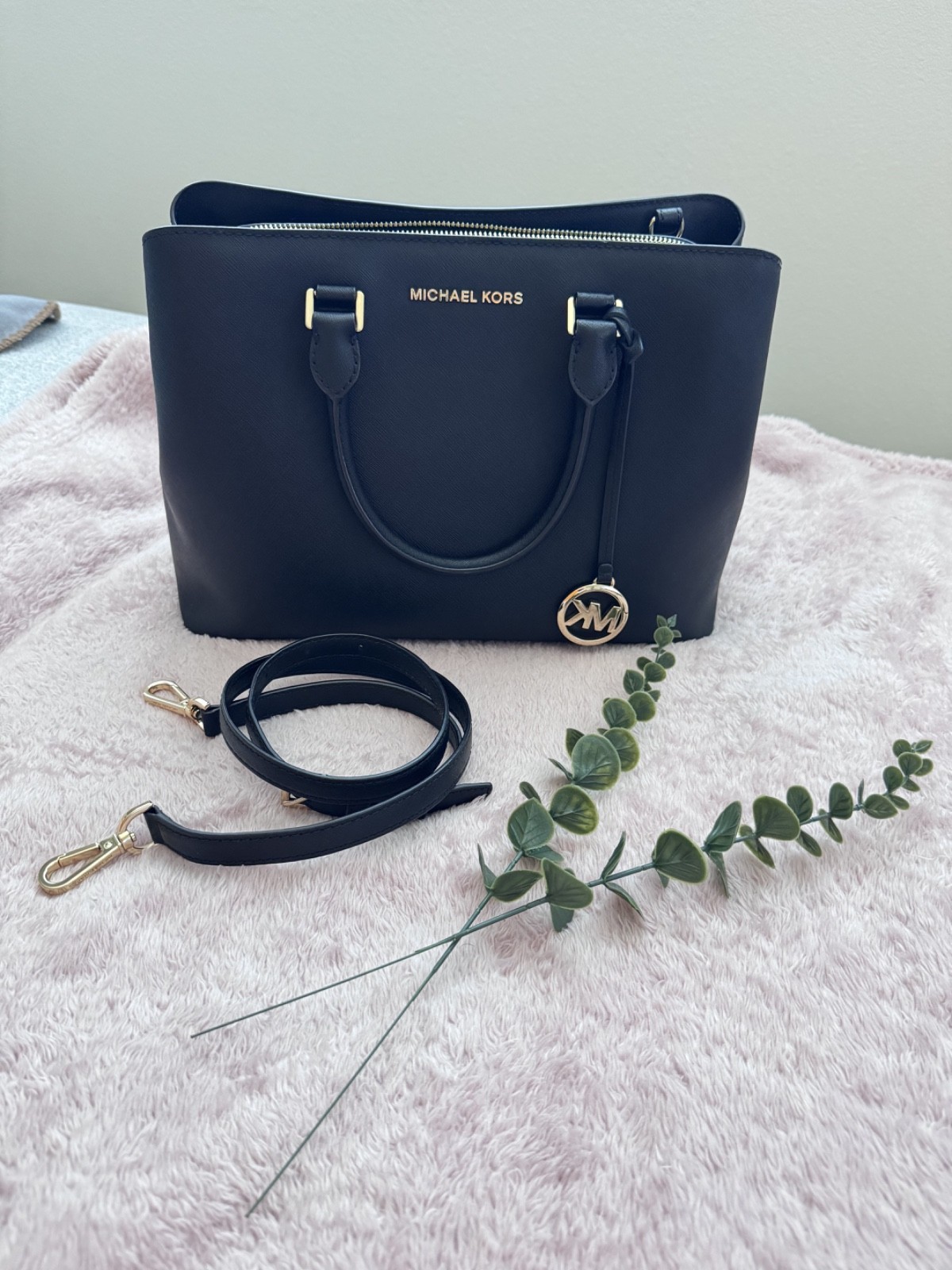 Michael Kors Black Savannah Saffiano Leather Satchel Bag Authentic