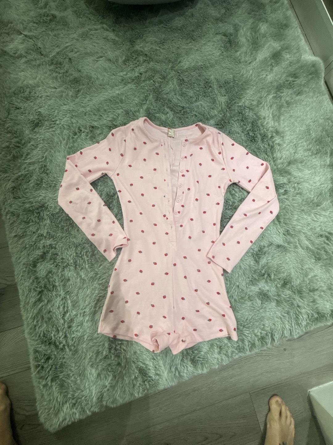 Pink Strawberry Pointelle Button Down Pj Set