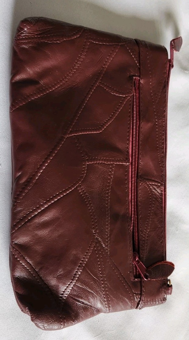 MATCH Patchwork Rich Burgundy Leather Clutch Purse 11x7in long strap Zip Top New