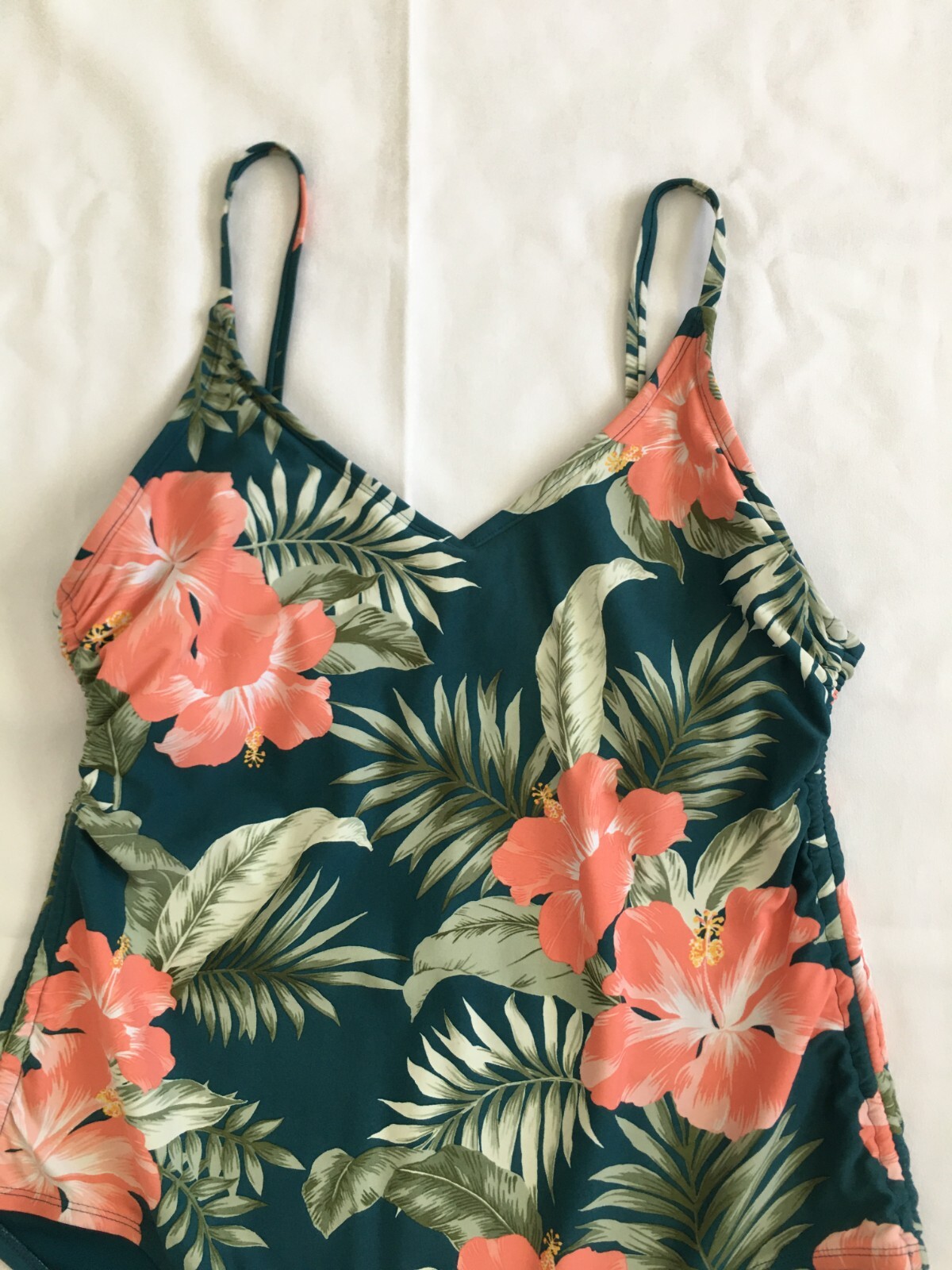 Kona Sol Womens Swimsuit One Piece Swimwear Green Floral Tropical Side Cinch…