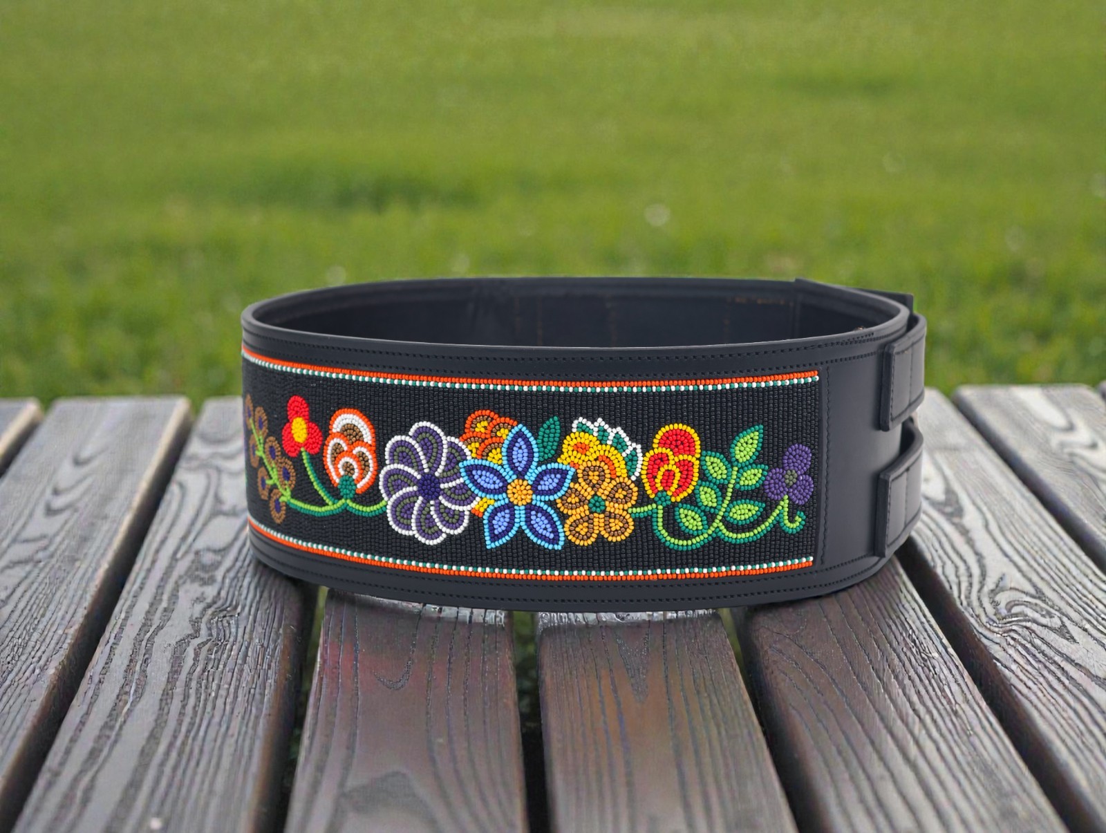 Beaded Wide Leather Belt | Floral Statement Western Waist Belt | Double Buckle