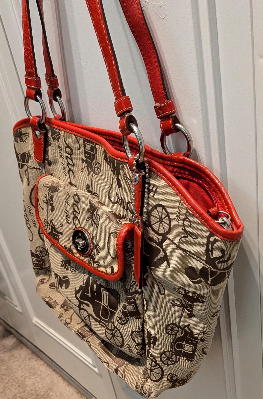 Coach Large Horse & Carriage Red Shoulder Handbag Leah L0926-F14665