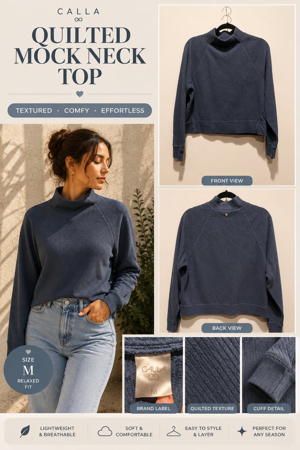 CALIA Quilted Mock Neck Pullover Sweatshirt