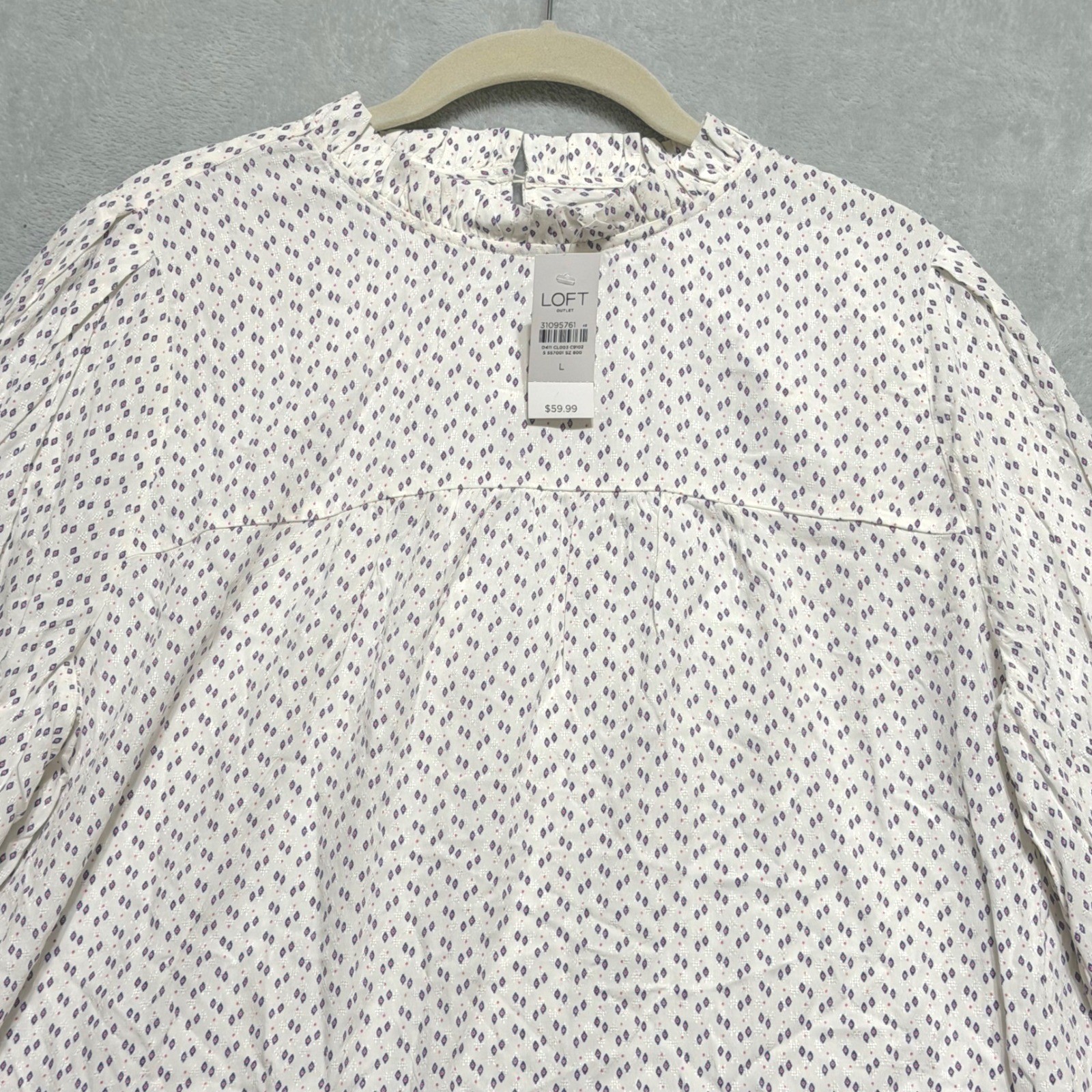LOFT Blouse Womens Large White Diamond Print Lace Trim Boho Ruffle Neck
