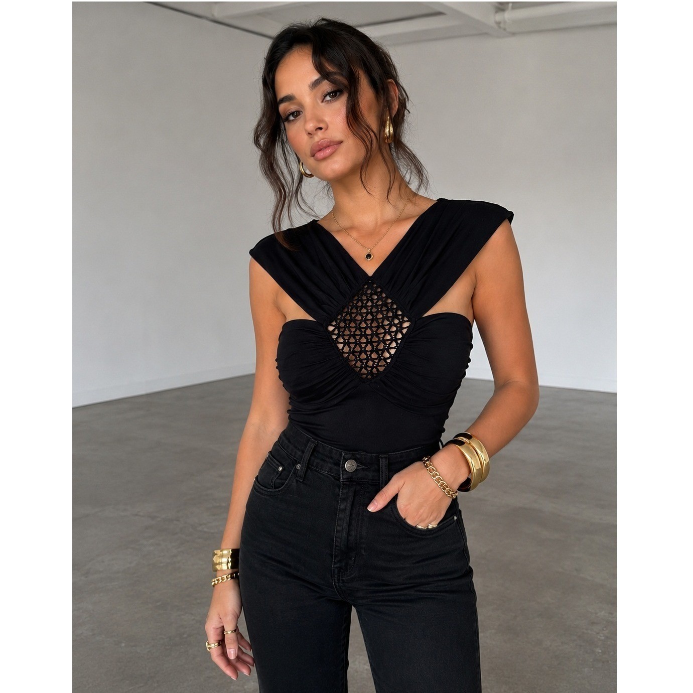 Robert Rodriguez Black Ruched Crochet Cutout Top Size M Y2K Glam Clubwear Chic