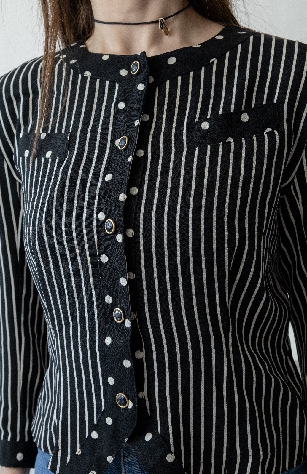 Vintage 80s Black White Mixed Print Blouse Stripe Polka Dot Office Siren Womens