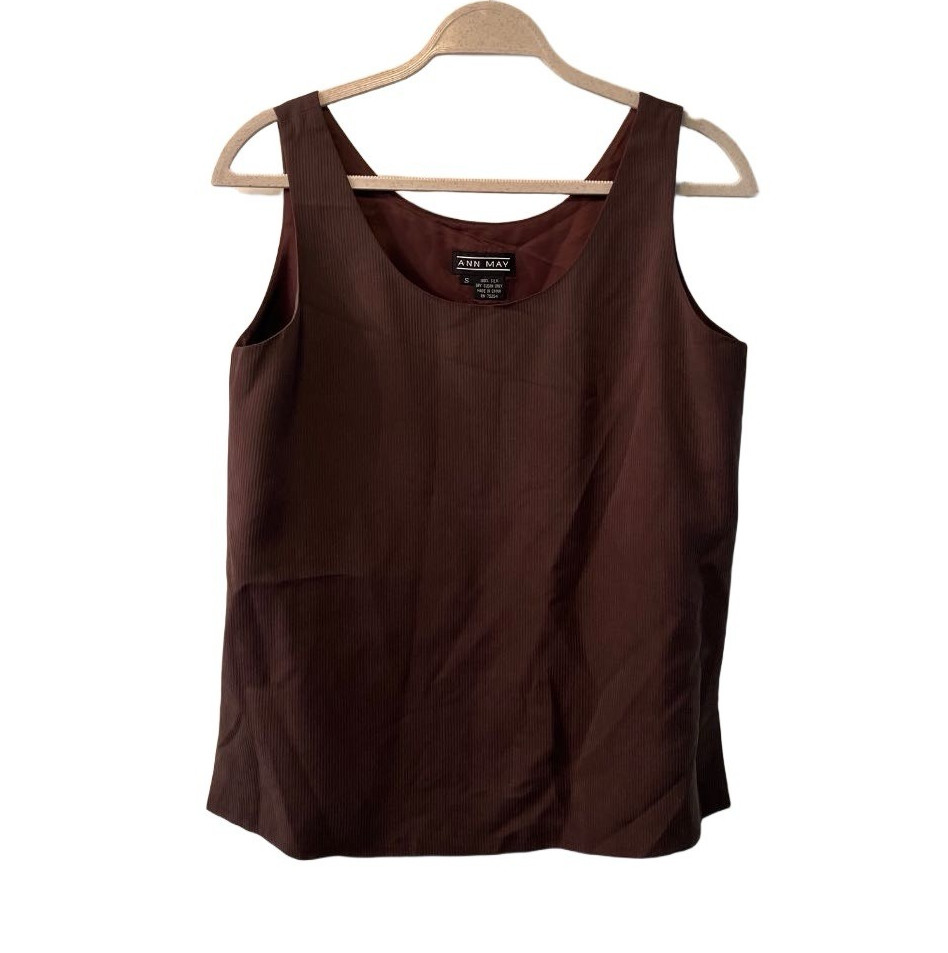 Ann May Brown Ribbed Silk Solid Scoop Neck Sleeveless Tank Top S