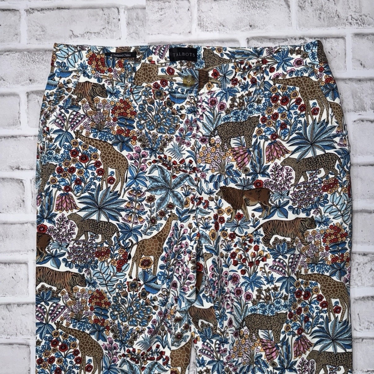 Talbots Pants Womens Size 4 Relaxed Chino Floral Safari Animals Straight Ankle