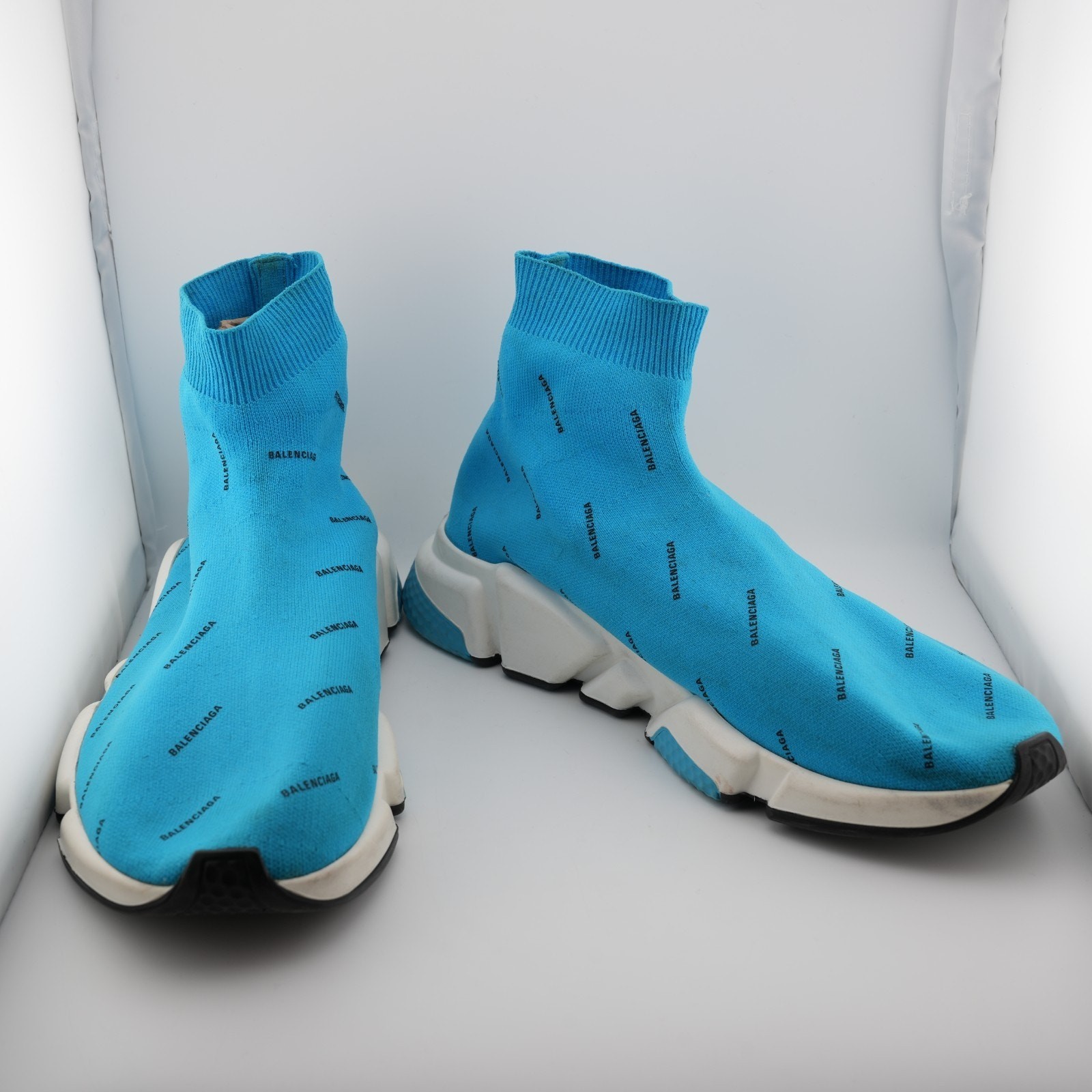Balenciaga All Over Logo Speed Sneaker Sock Shoe Turquoise Blue US 11 Men’s