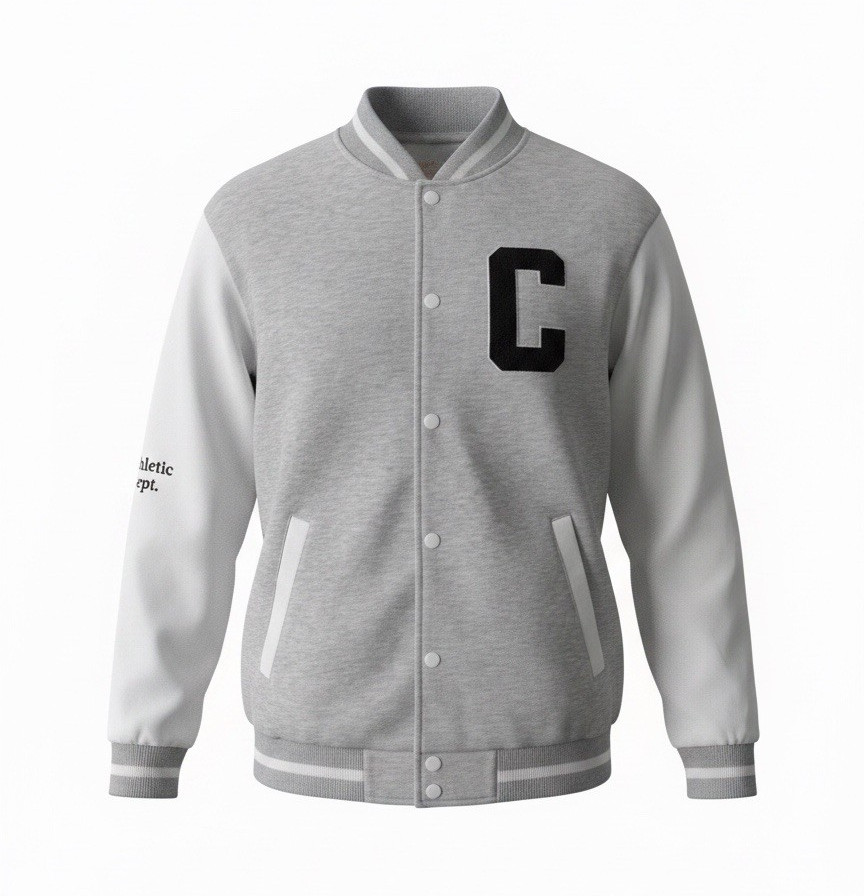 Men’s Gray White Varsity Letterman Jacket C Patch Snap Button Pockets M