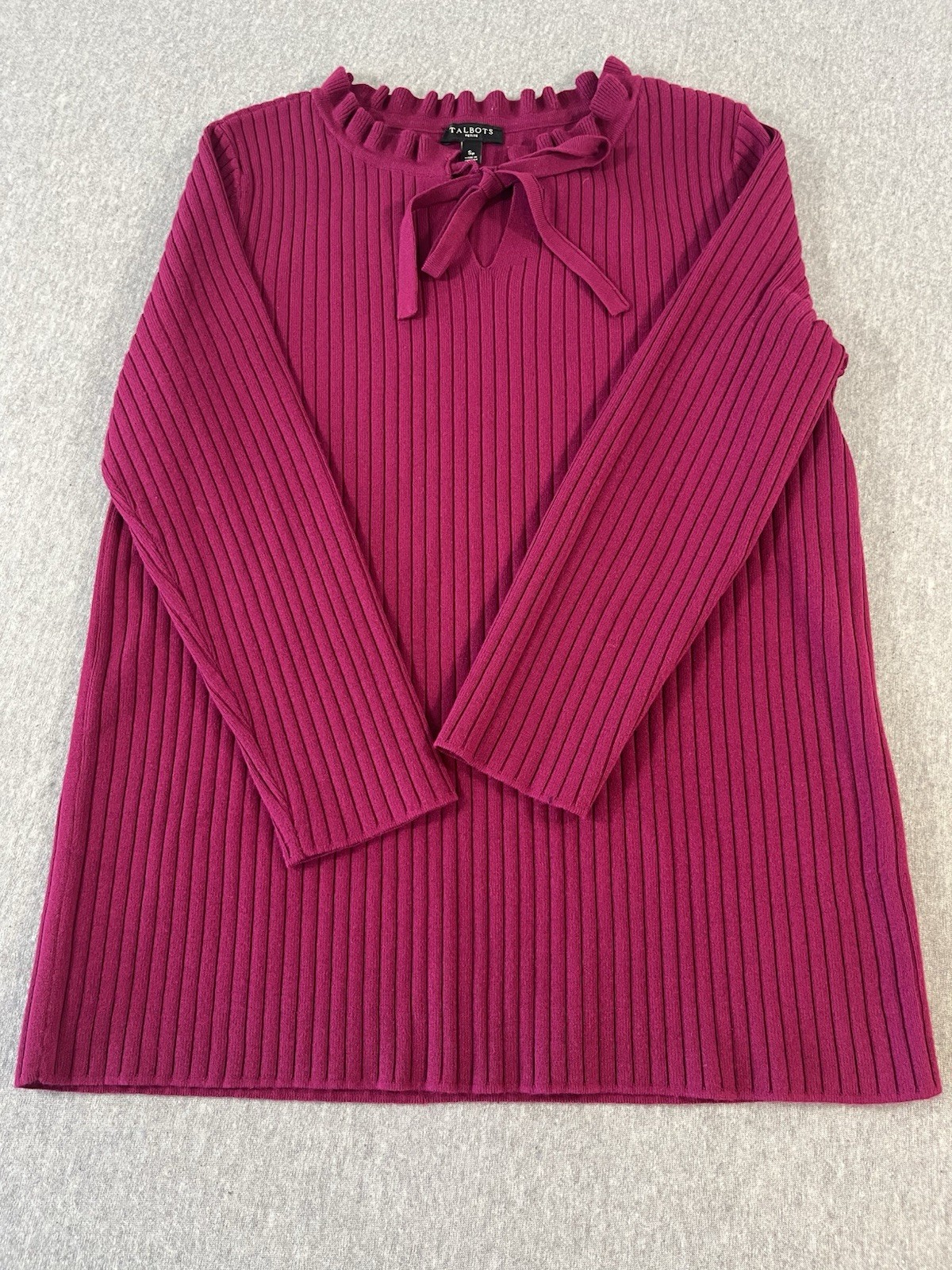 Talbots Fushia 3/4 Sleeve Ribbed Knit Top Ruffled Tie Neck Women’s SP