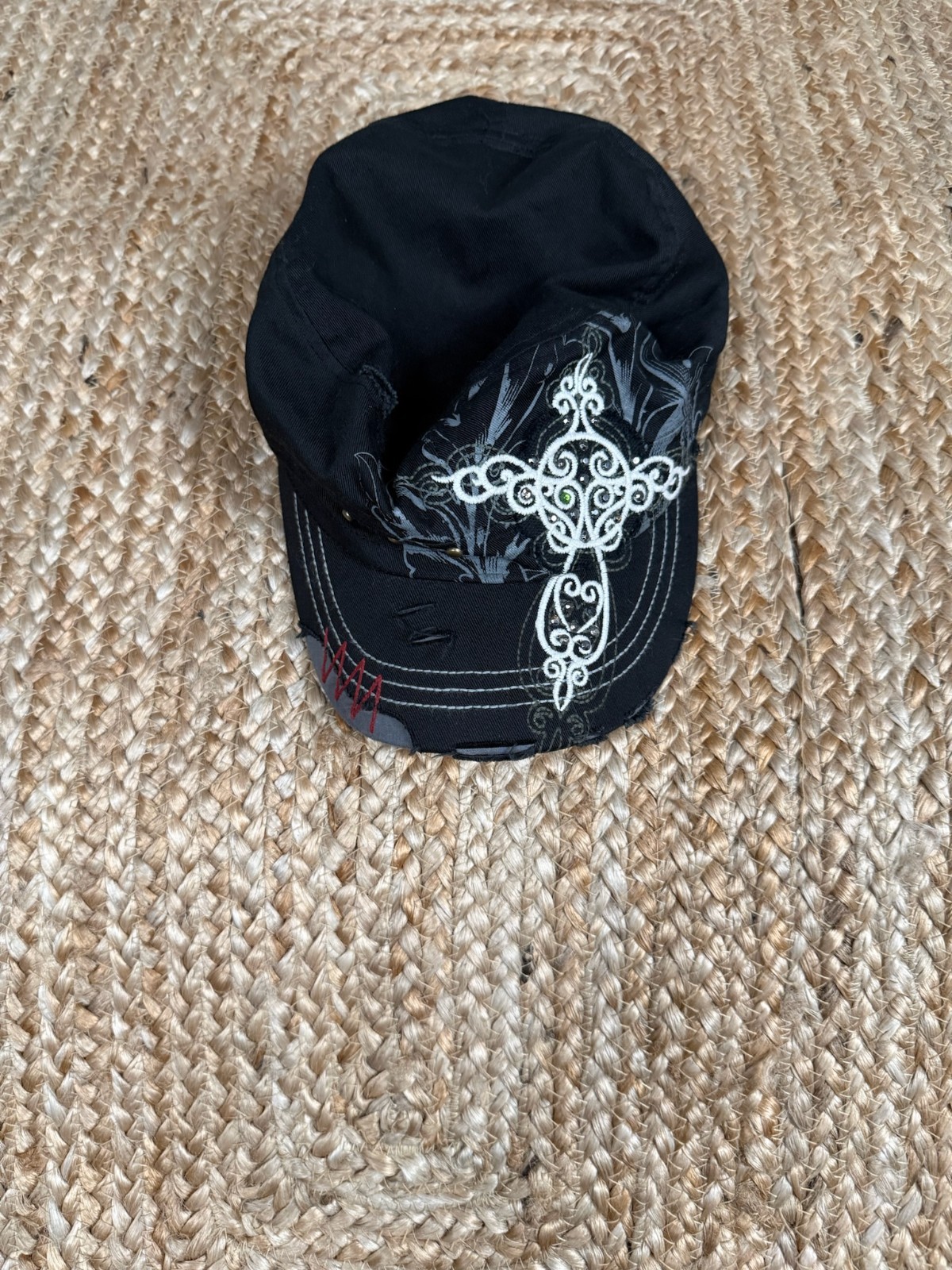 KBETHOS Black Rhinestone Cross Distressed Baseball Cap Hat Stretch