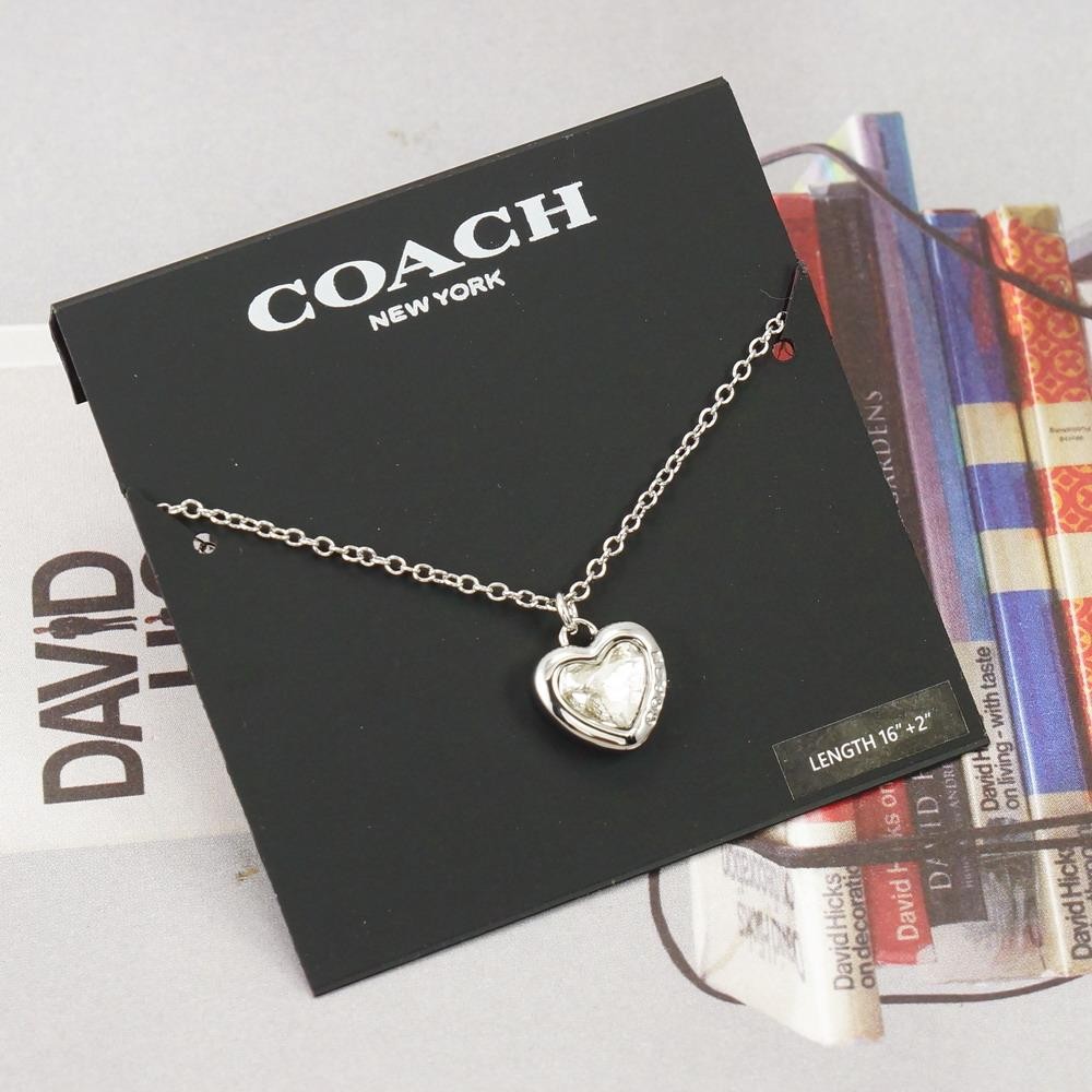 NWT Coach Stone Heart Necklace Clear Silver Tone