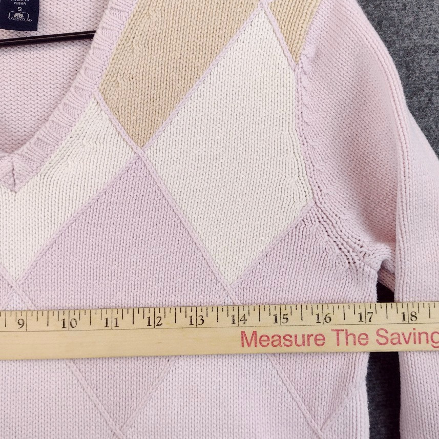 VTG IZOD Sweater Womens Small Preppy Pink Argyle V Neck 100% Cotton Long Sleeve