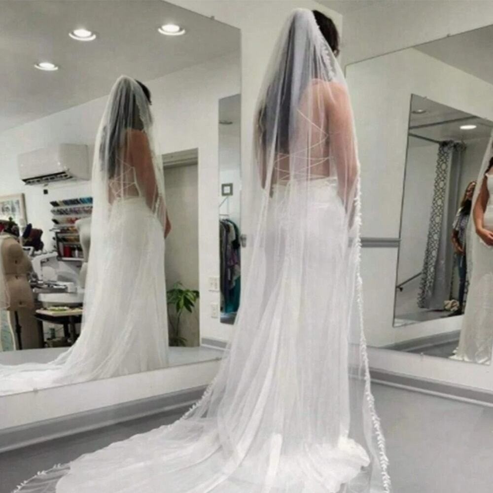 New Long Ivy Leaf Trim Bridal Veil Wedding Lace Floral Ivory White 78 inches