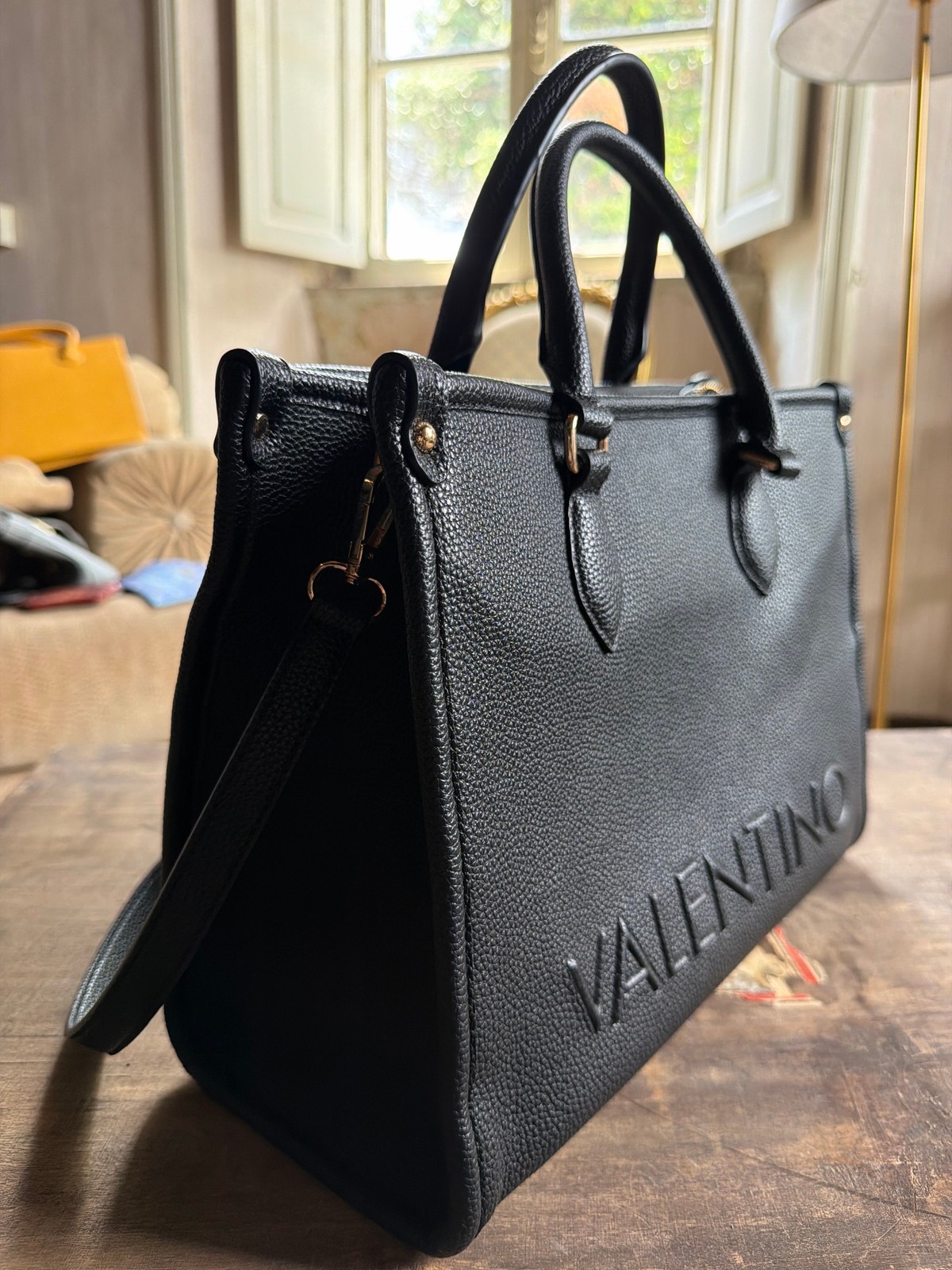Valentino Black Pebbled Leather Tote Bag – Large Structured Handbag with Shoulde