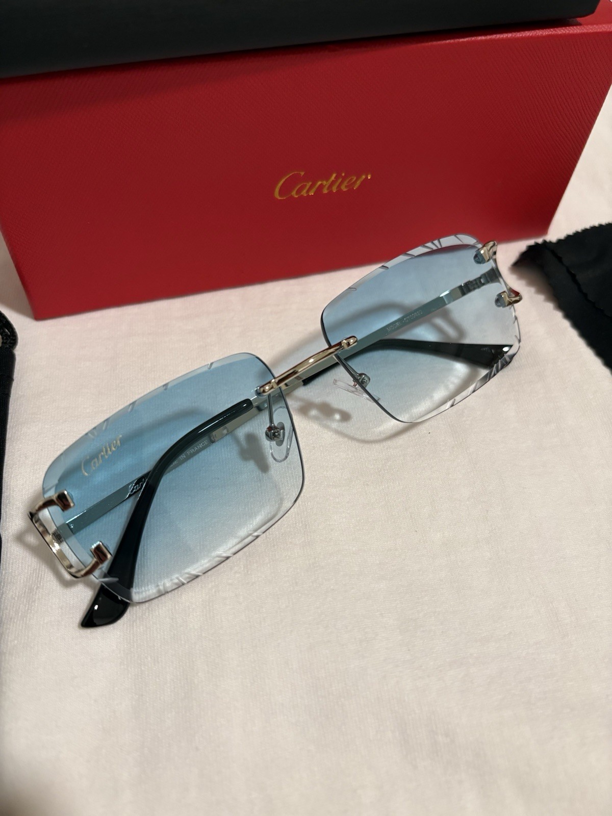 Cartier Big C Diamond Cut Frameless Light Blue Lens Gold Frame