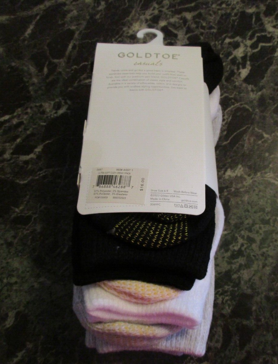 GOLD TOE Casuals Cozy Crew 3 Pack Black White Gray Socks Size 6-9 NWT