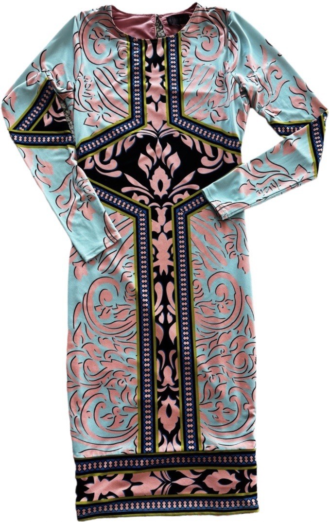 Hale Bob Sheath Dress Long Sleeve Round Neck Geometric Knee Length S 3AGL6260