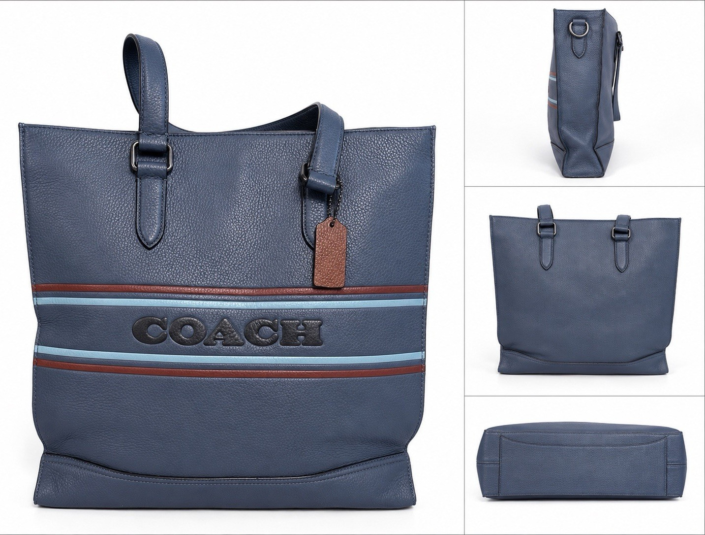 Coach Blue Pebbled Logo Stripe Zip Tote Bag Large Double Handles Hang Tag