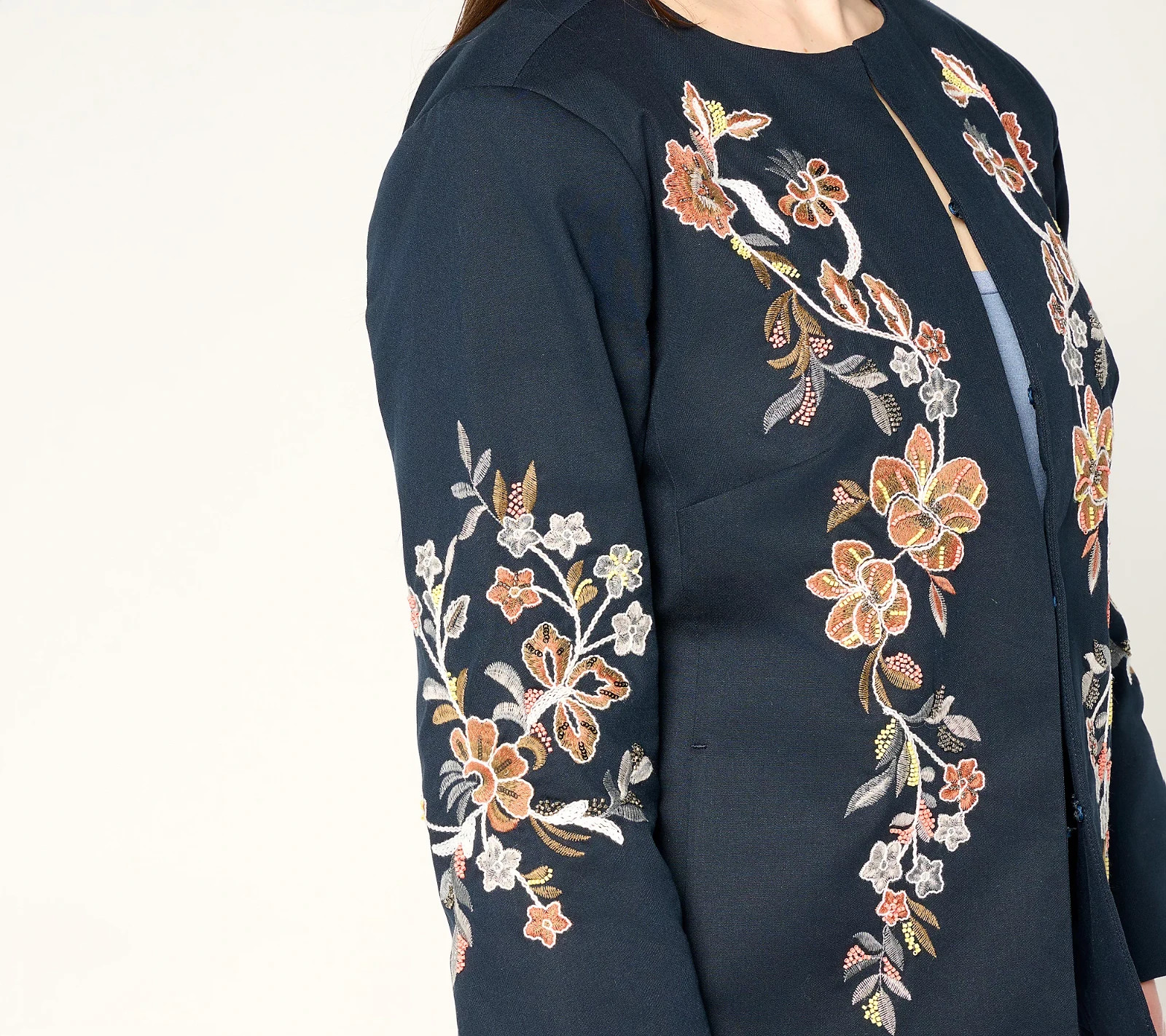 Dennis Basso Floral Embroidered Jacket Navy Copper Size 1X New