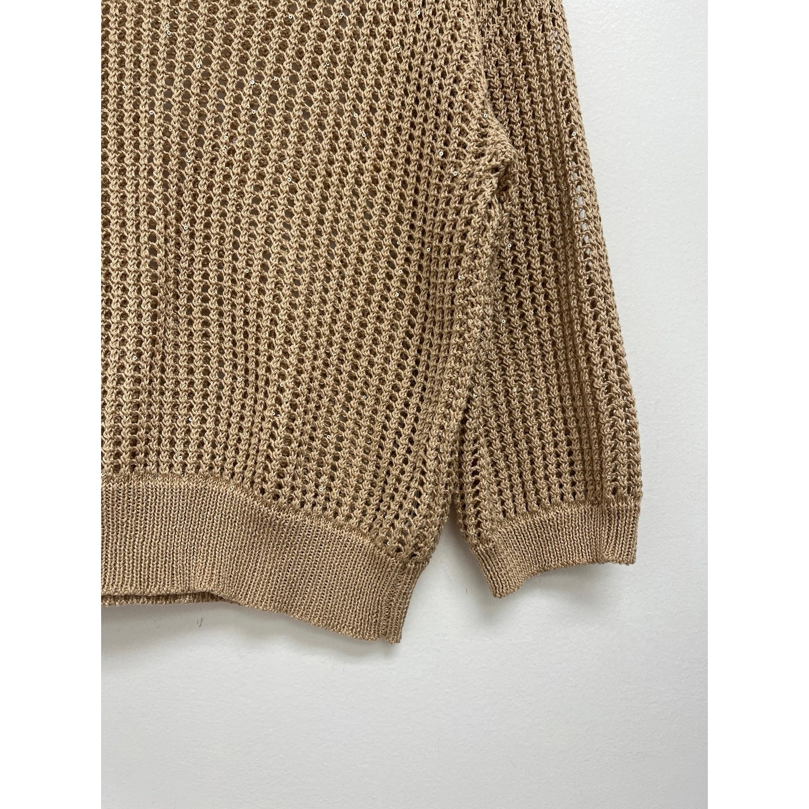 Peserico Ladder Open-Knit Shimmer Sequin Polo Collared Neutral Sweater IT40/US4