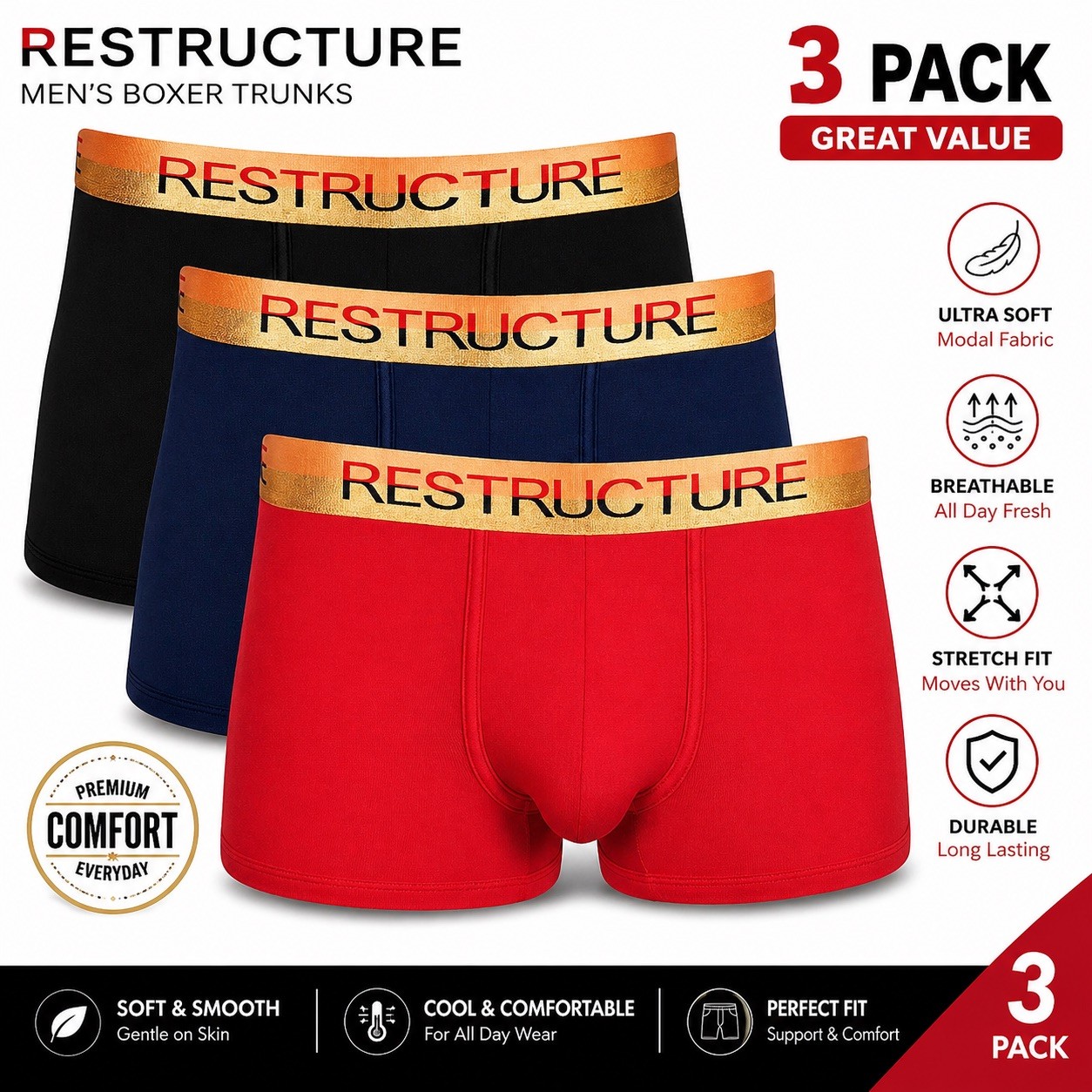 Organic Bamboo Mens Boxer Trunks 3 Pack Breathable Soft Underwear – Medium