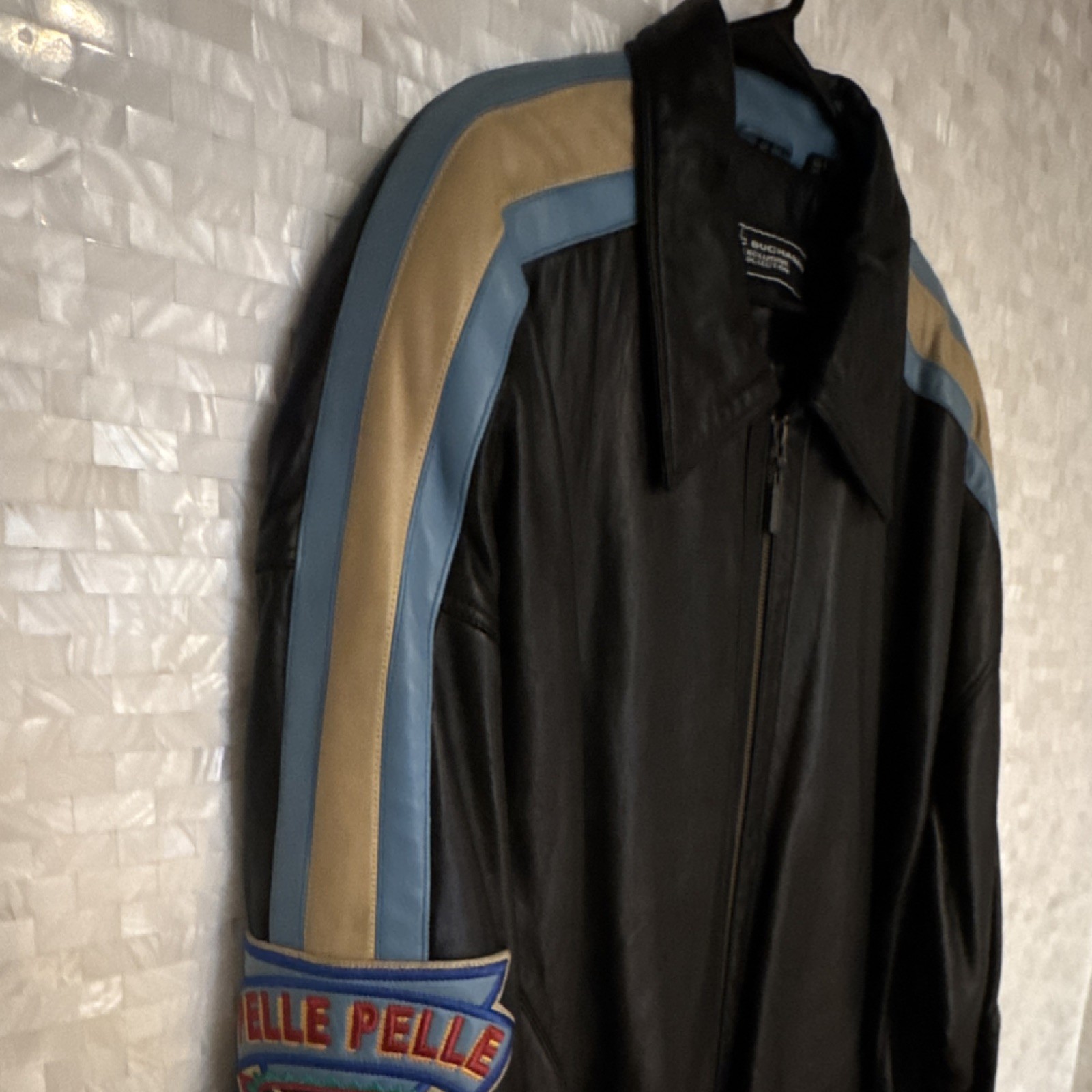 Marc Buchanan Leather Jacket Striped Logo Men’s Black Blue Beige Size 44