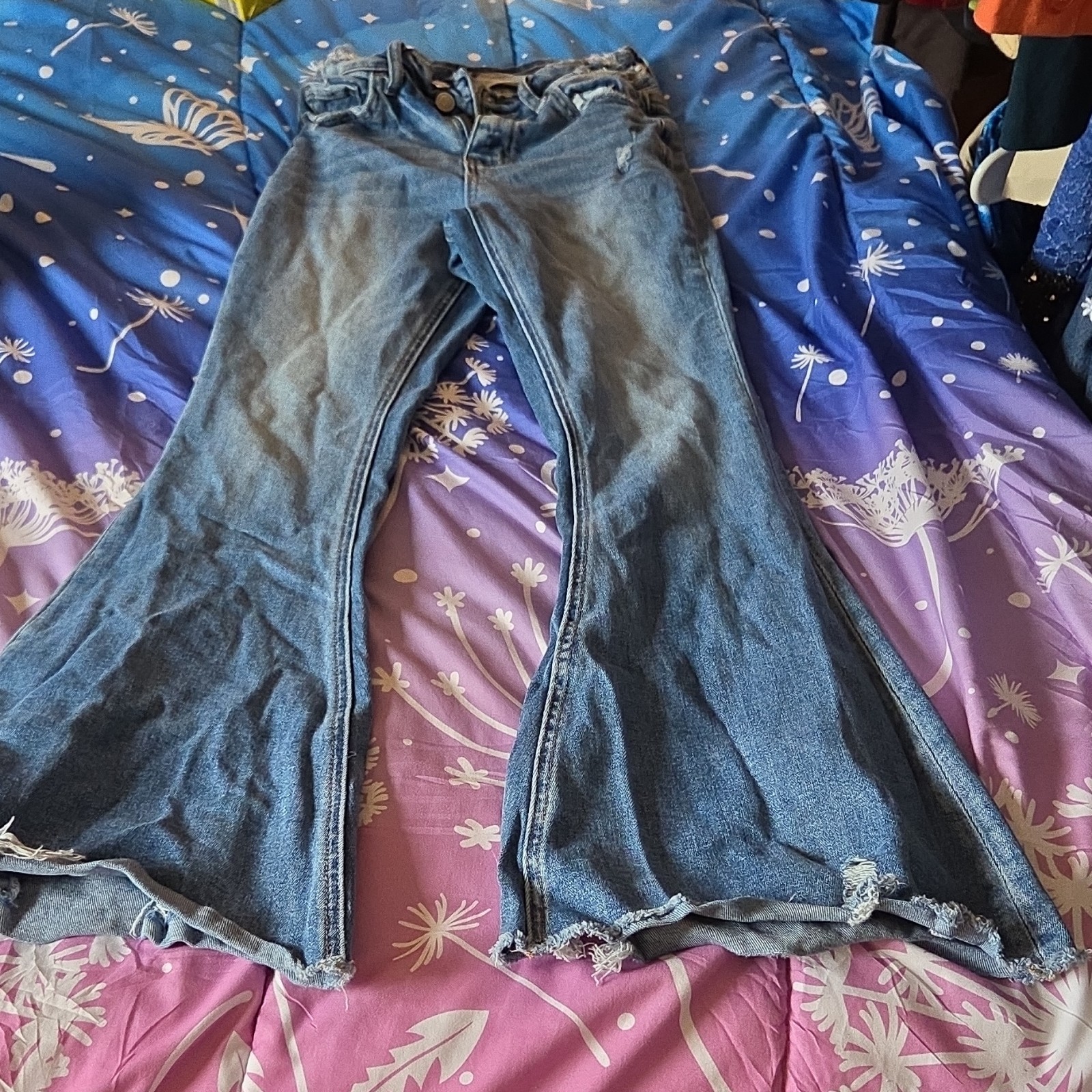 bridge by gly Ultra High Rise Super Flare Blue Denim Distressed Fringe Hem Jeans